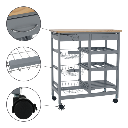 Carucior servire mdf gri lemn natur Barabe 67x37x76 cm