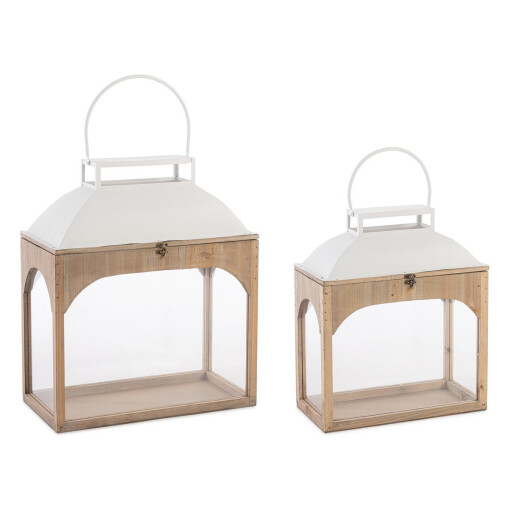 Set 2 felinare lemn natur metal alb Osmo 40x20x50h; 50x25x61h