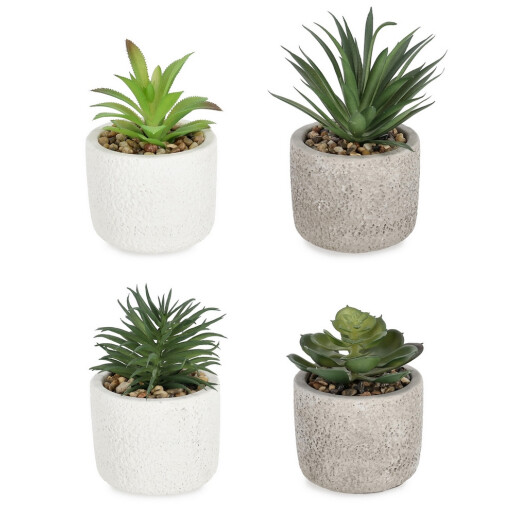 Set 4 plante suculente artificiale in ghiveci ciment Ø9x13h