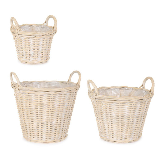 Set 3 cosuri ratan natur alb Randy Ø22x16-24h; ø30x23-29h; ø37x30-38h