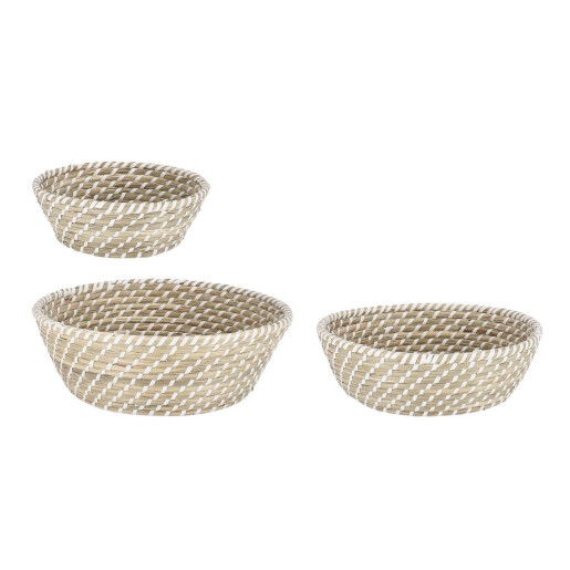 Set 3 cosuri depozitare iarba mare natur alb Jade Ø22x9h; ø28x10h; ø33x12h