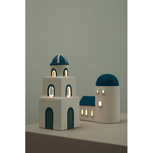 Casuta Greceasca decorativa ceramica multicolora cu leduri 8,4x8,4x20,5h