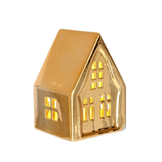 Casuta decorativa portelan auriu cu led 6x5,5x8,5h