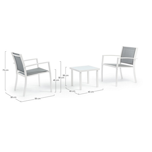 Set mobilier gradina otel alb textilena gri Auri 58x58x75x40hx58hx 58x58x75x40hx58h, 45x45x38h