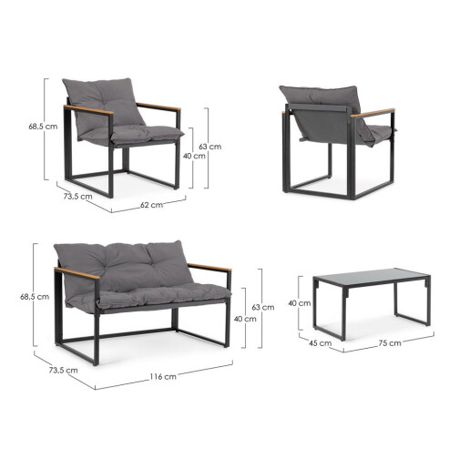 Set mobilier gradina otel negru textil gri lemn maro Ilda 