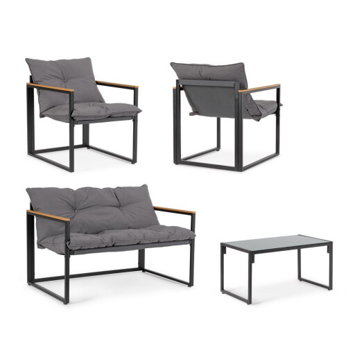 Set mobilier gradina otel negru textil gri lemn maro Ilda 