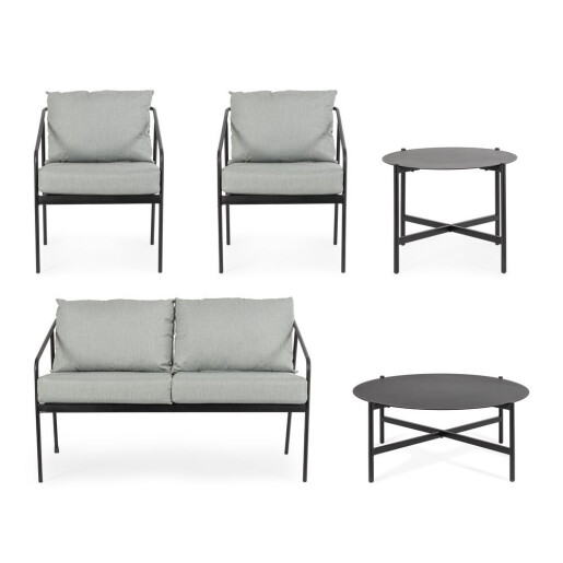 Set mobilier gradina otel negru textil gri Florian 62x69x75, 53x43, 73x35, 122x69x75 cm