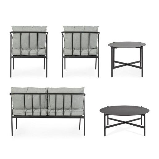 Set mobilier gradina otel negru textil gri Florian 62x69x75, 53x43, 73x35, 122x69x75 cm