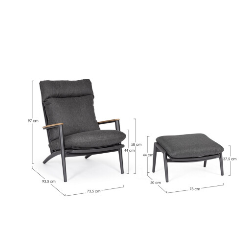 Set fotoliu taburet aluminiu textil gri antracit Ibisco 73.5x93.5x97 cm, 73x50x37.5 cm