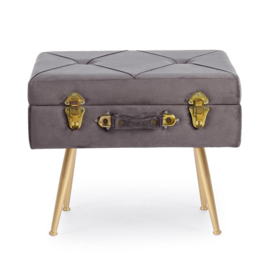 Taburet cu spatiu depozitare tapiterie velur gri cu picioare fier auriu Polina 50 cm x 34 cm x 42 h