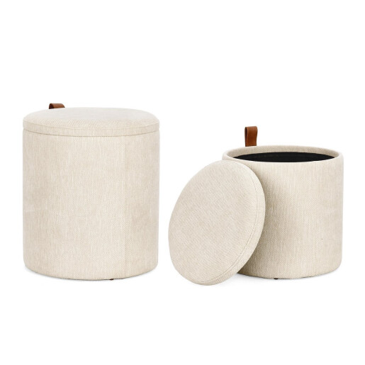 Set 2 tabureti mdf textil crem piele maro Katia 34.5x36 cm; 39x44 cm