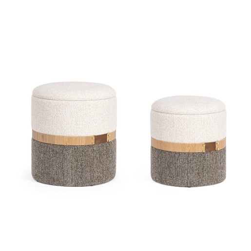 Set 2 tabureti cu spatiu depozitare textil alb gri Talya Ø36x38h; ø40x44h