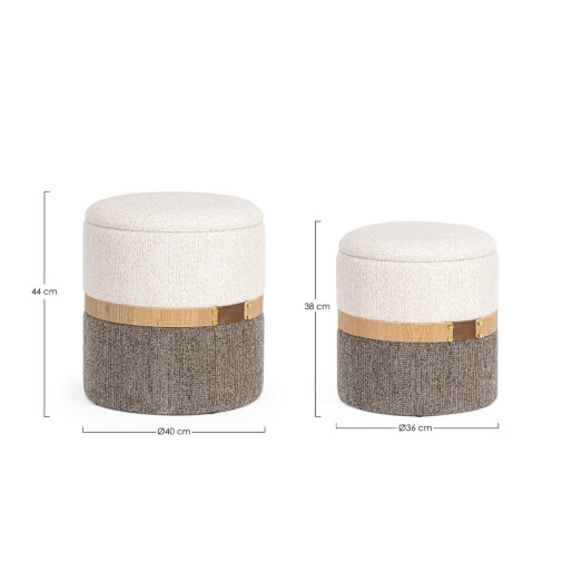 Set 2 tabureti cu spatiu depozitare textil alb gri Talya Ø36x38h; ø40x44h