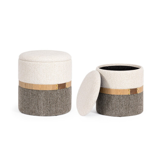 Set 2 tabureti cu spatiu depozitare textil alb gri Talya Ø36x38h; ø40x44h