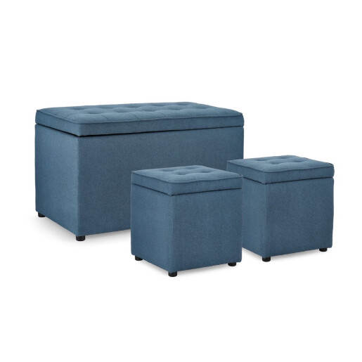 Set bancuta, 2 tabureti textil albastru Derrick 40x40x40 cm; 89x48x51 cm