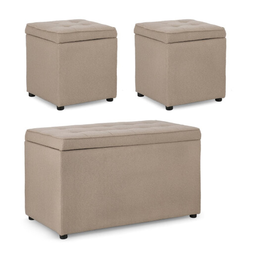 Set bancuta, 2 tabureti textil taupe Derrick 40x40x40 cm; 89x48x51 cm