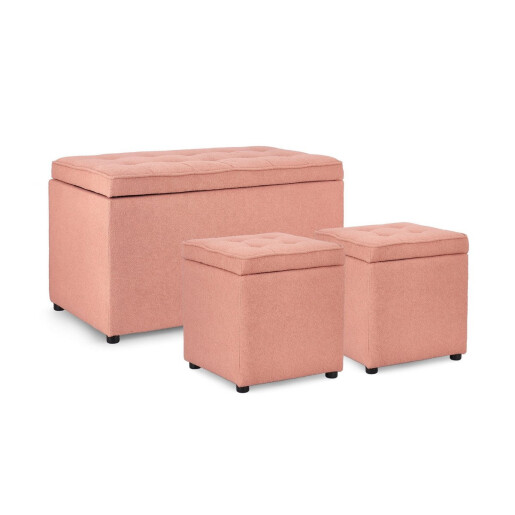 Set bancuta, 2 tabureti textil roz blush Derrick 40x40x40 cm; 89x48x51 cm