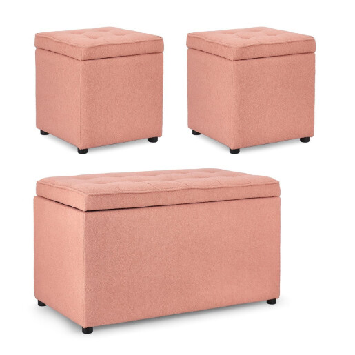 Set bancuta, 2 tabureti textil roz blush Derrick 40x40x40 cm; 89x48x51 cm
