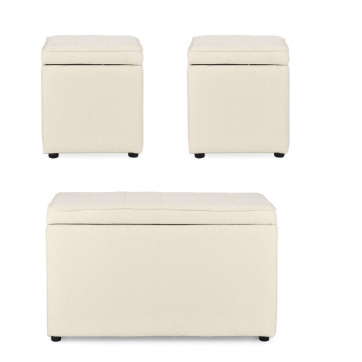 Set bancuta, 2 tabureti textil alb Derrick 40x40x40 cm; 89x48x51 cm