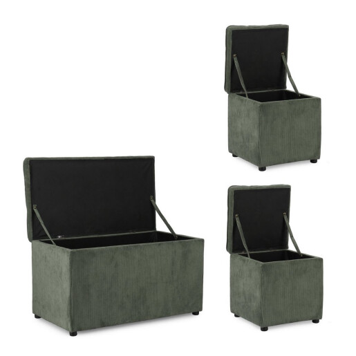 Set bancuta, 2 tabureti textil verde Derrick 40x40x40 cm; 89x48x51 cm