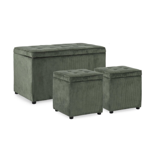 Set bancuta, 2 tabureti textil verde Derrick 40x40x40 cm; 89x48x51 cm
