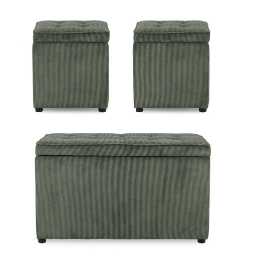 Set bancuta, 2 tabureti textil verde Derrick 40x40x40 cm; 89x48x51 cm