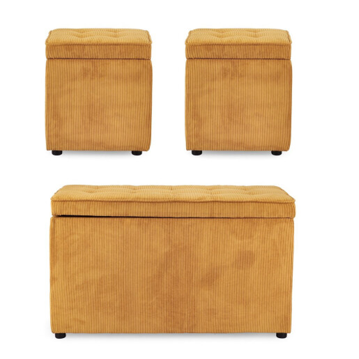 Set bancuta, 2 tabureti textil ocru Dylan 40x40x40 cm; 89x48x51 cm