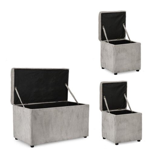 Set bancuta, 2 tabureti textil gri Dylan 40x40x40 cm; 89x48x51 cm