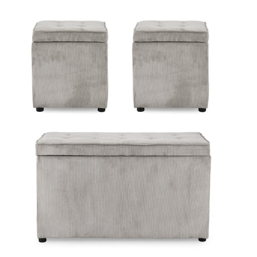 Set bancuta, 2 tabureti textil gri Dylan 40x40x40 cm; 89x48x51 cm