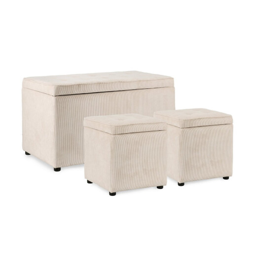 Set bancuta, 2 tabureti textil alb Dylan 40x40x40 cm; 89x48x51 cm