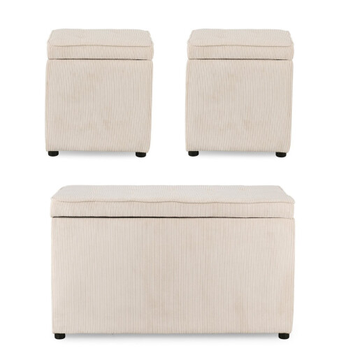 Set bancuta, 2 tabureti textil alb Dylan 40x40x40 cm; 89x48x51 cm