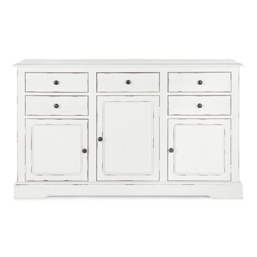 Comoda 5 sertare si 3 usi din lemn alb antichizat Jefferson 145 cm x 40 cm x 85 h