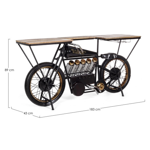 Consola tip Bar model Motocicleta din fier negru si lemn natur 183 cm x 43 cm x 89 h