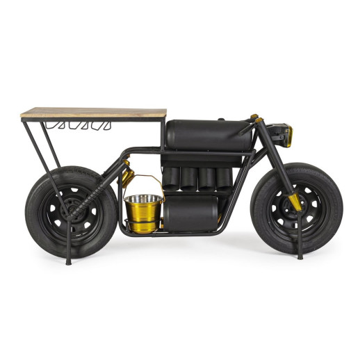 Consola tip Bar model Motocicleta din fier negru si lemn natur 183 cm x 44 cm x 86 h