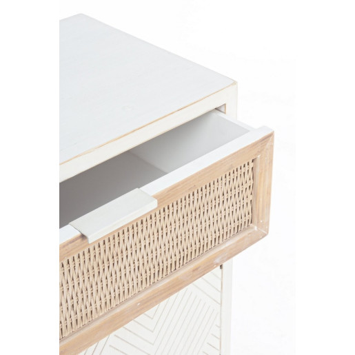 Noptiera, 1 sertar, 1 usa din lemn alb si rattan natur, Clotilde, 43 cm x 30 cm x 73 h