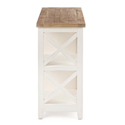 Consola lemn alb blat natur cu 2 sertare si 2 polite sticle vin Elvia 82 cm x 36.5 cm x 77 h 