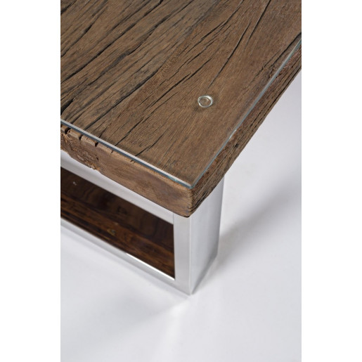 Masuta de cafea cu picioare otel argintiu si blat lemn maro sticla Stanton 110 cm x 60 cm x 40 h