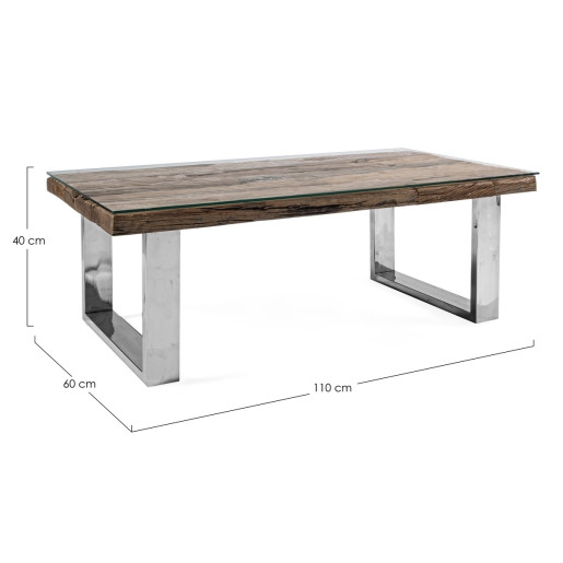 Masuta de cafea cu picioare otel argintiu si blat lemn maro sticla Stanton 110 cm x 60 cm x 40 h
