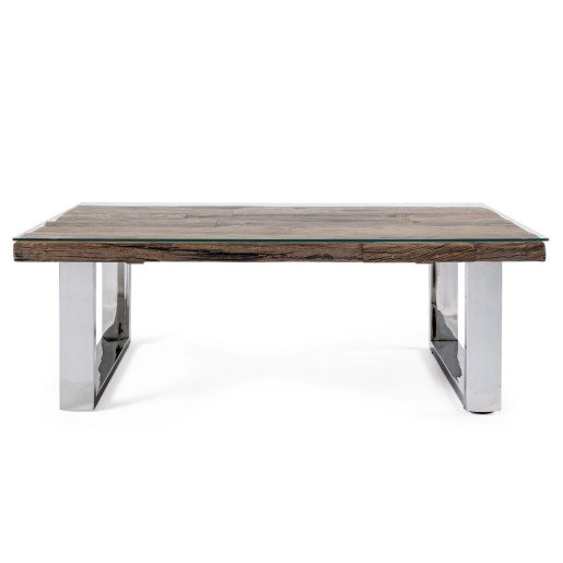 Masuta de cafea cu picioare otel argintiu si blat lemn maro sticla Stanton 110 cm x 60 cm x 40 h