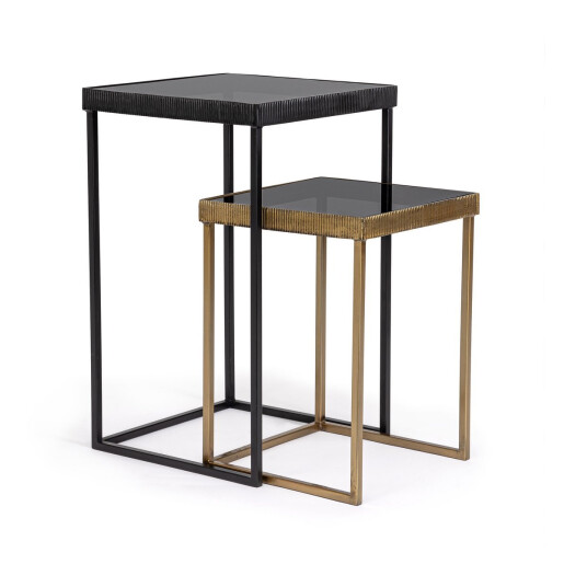 Set 2 masute otel negru auriu sticla Yamir 35x35x58 cm; 40x40x66 cm