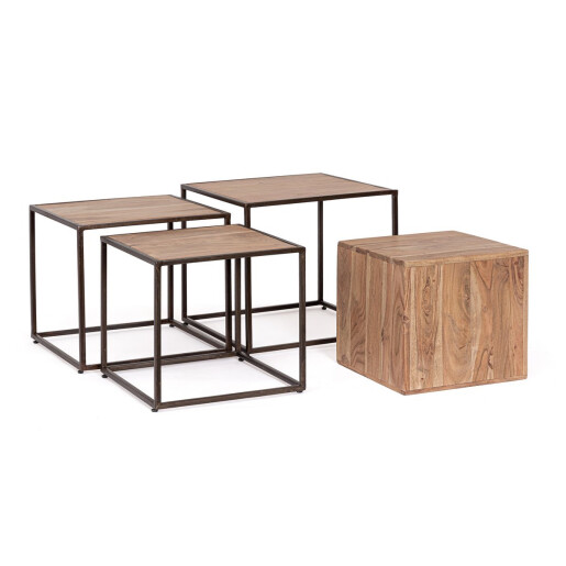 Set 4 masute otel lemn Jaidev 38x38x36 cm; 42x42x39 cm; 46x46x42 cm; 50x50x45 cm