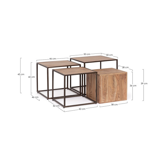 Set 4 masute otel lemn Jaidev 38x38x36 cm; 42x42x39 cm; 46x46x42 cm; 50x50x45 cm