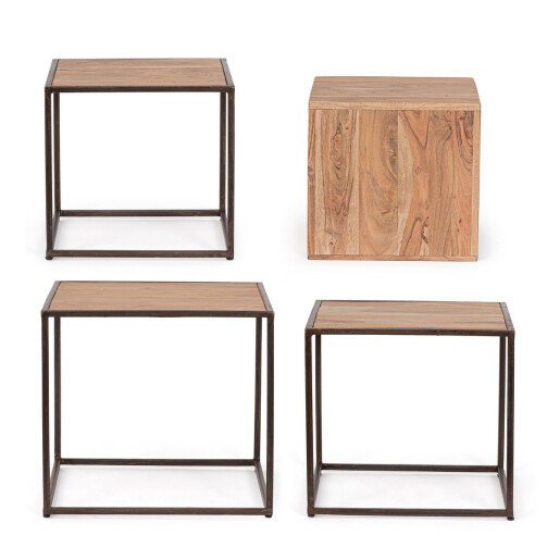 Set 4 masute otel lemn Jaidev 38x38x36 cm; 42x42x39 cm; 46x46x42 cm; 50x50x45 cm
