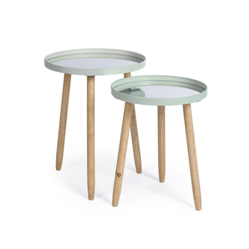 Set 2 masute lemn otel verde oglinda Edvard Ø35,5x44h; ø40x51h