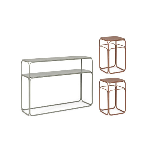 Set  consola, 2 masute cafea otel maro verde salvie Clarity 2 x 30x30x50h; 105x32x77h