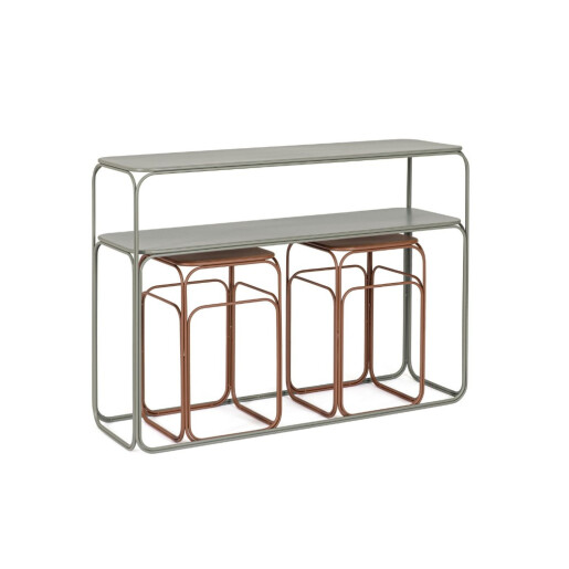 Set  consola, 2 masute cafea otel maro verde salvie Clarity 2 x 30x30x50h; 105x32x77h