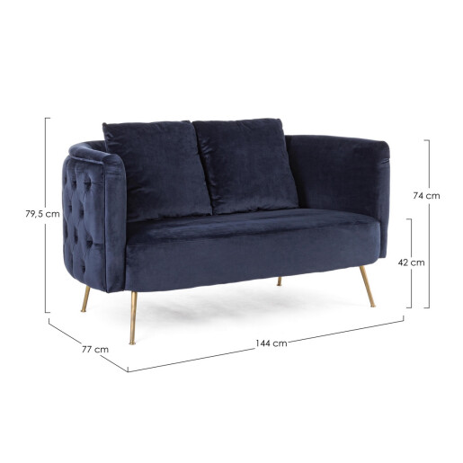 Canapea catifea albastra otel auriu Tenbury 144x77x79.5 cm