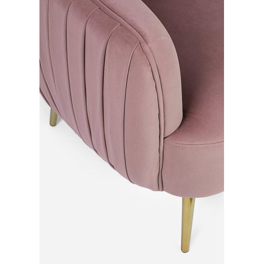 Canapea 2 locuri picioare fier auriu tapitata cu catifea roz pudrat Linsay 129 cm x 80 cm x 74 h x 44 h1 x 65 h2