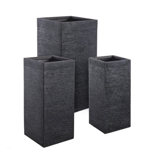 Set 3 ghivece flori fibra sticla neagra Graffiti 26x26x60h/ 33x33x70h/ 40x40x77h