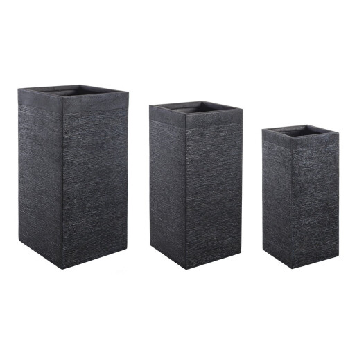 Set 3 ghivece flori fibra sticla neagra Graffiti 26x26x60h/ 33x33x70h/ 40x40x77h